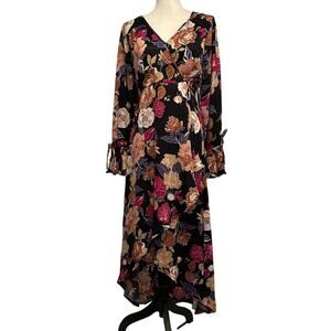 NWT Band of the Free Floral Asymmetric Faux Wrap Long Sleeve BlackBerry Dress M